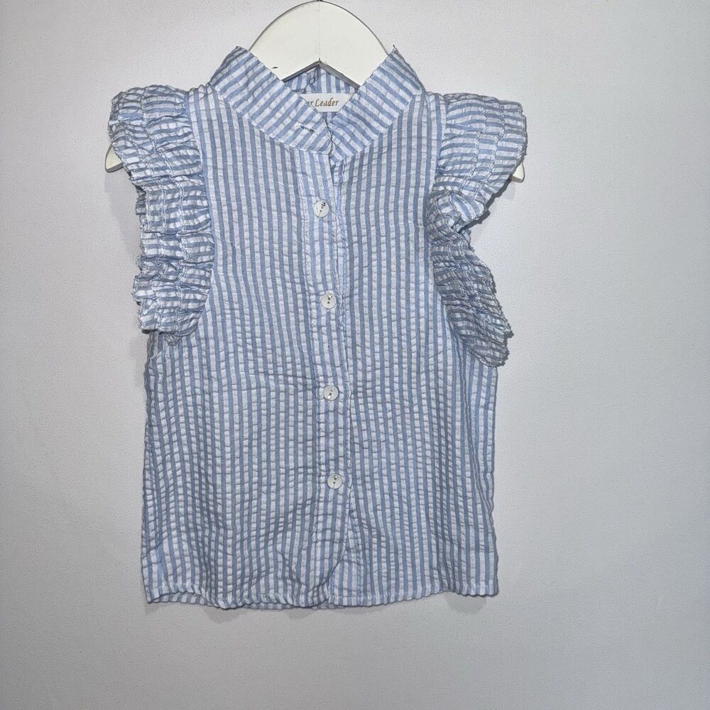 Bear Leader Girls 2T Shirt Blue Stripe Seersucker Button Ruffled Sleeves